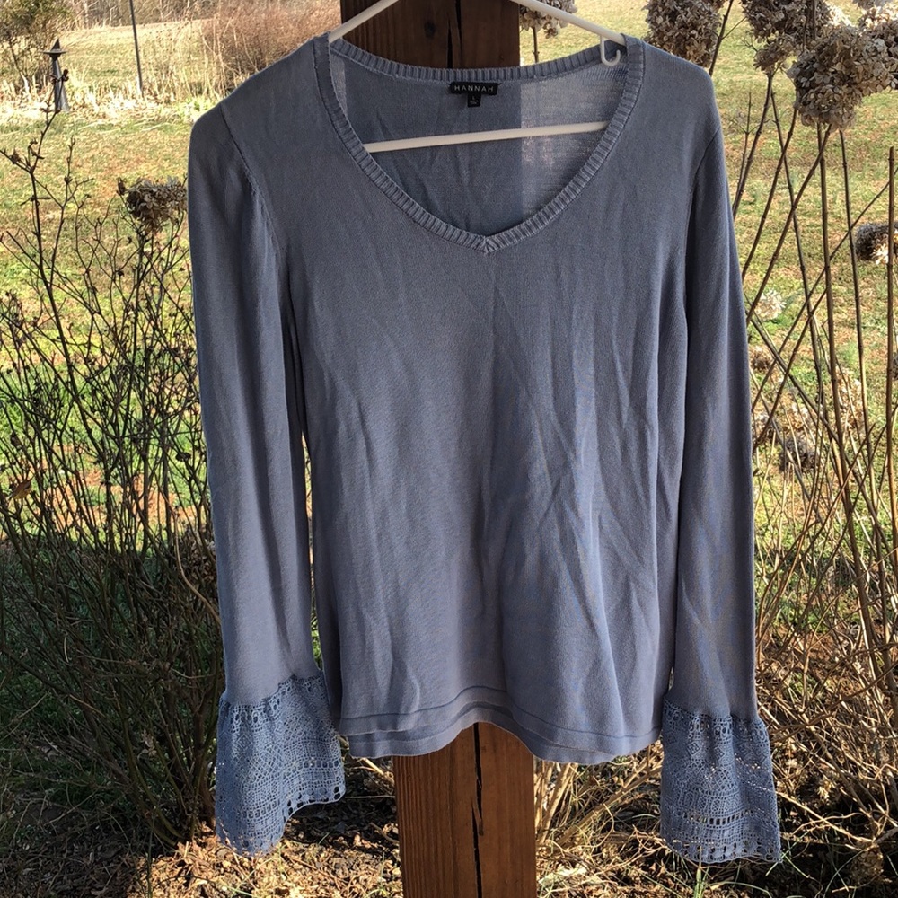 Blue Hannah Crochet Sleeve Sweater-L